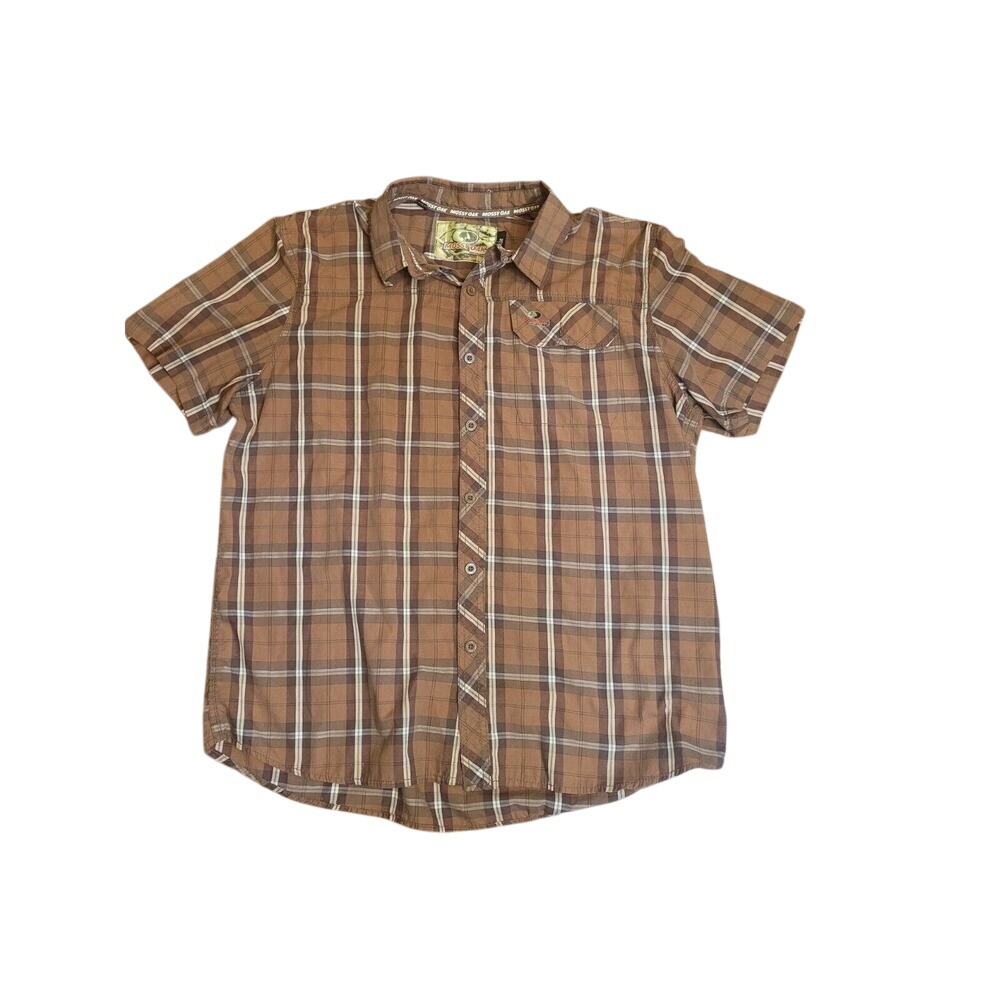 Mossy‎ Oak Mens Plaid Short Sleeve Button Up Brown Outdoor Casual Size Large